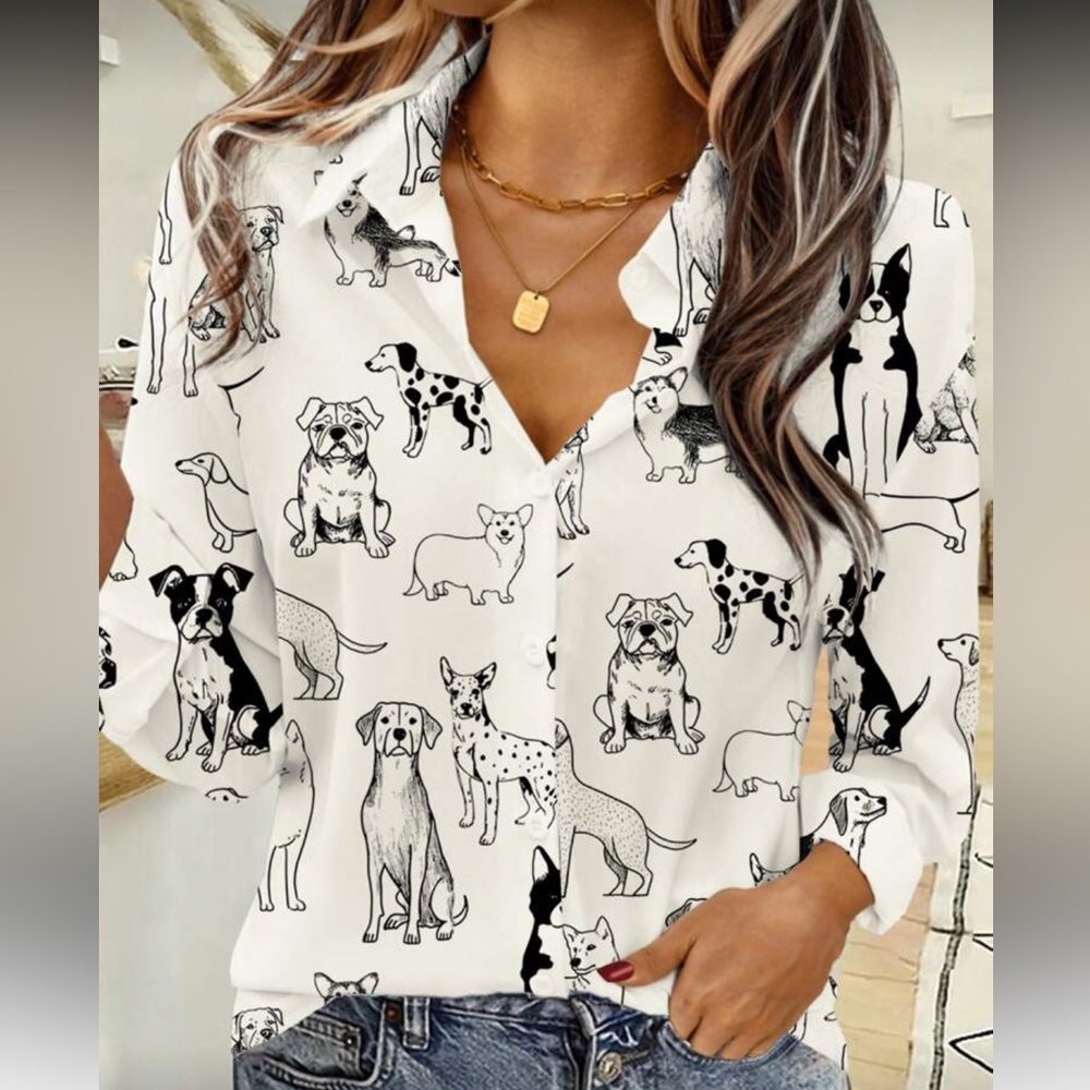 Plus Size Dog Print Top Blouse Button Up Down Shirt
